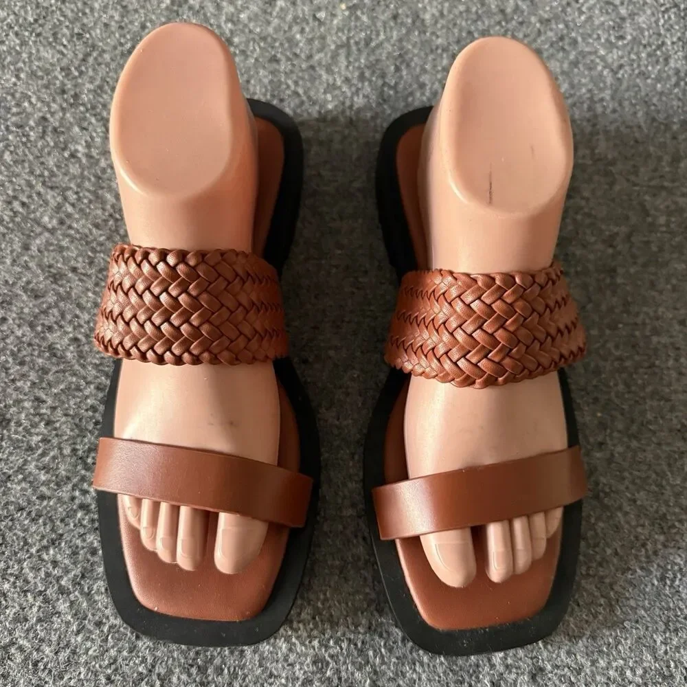 Aerosoles St. Lukes Woven Braided Slide Sandals Brown Leather Square Toe Size 8